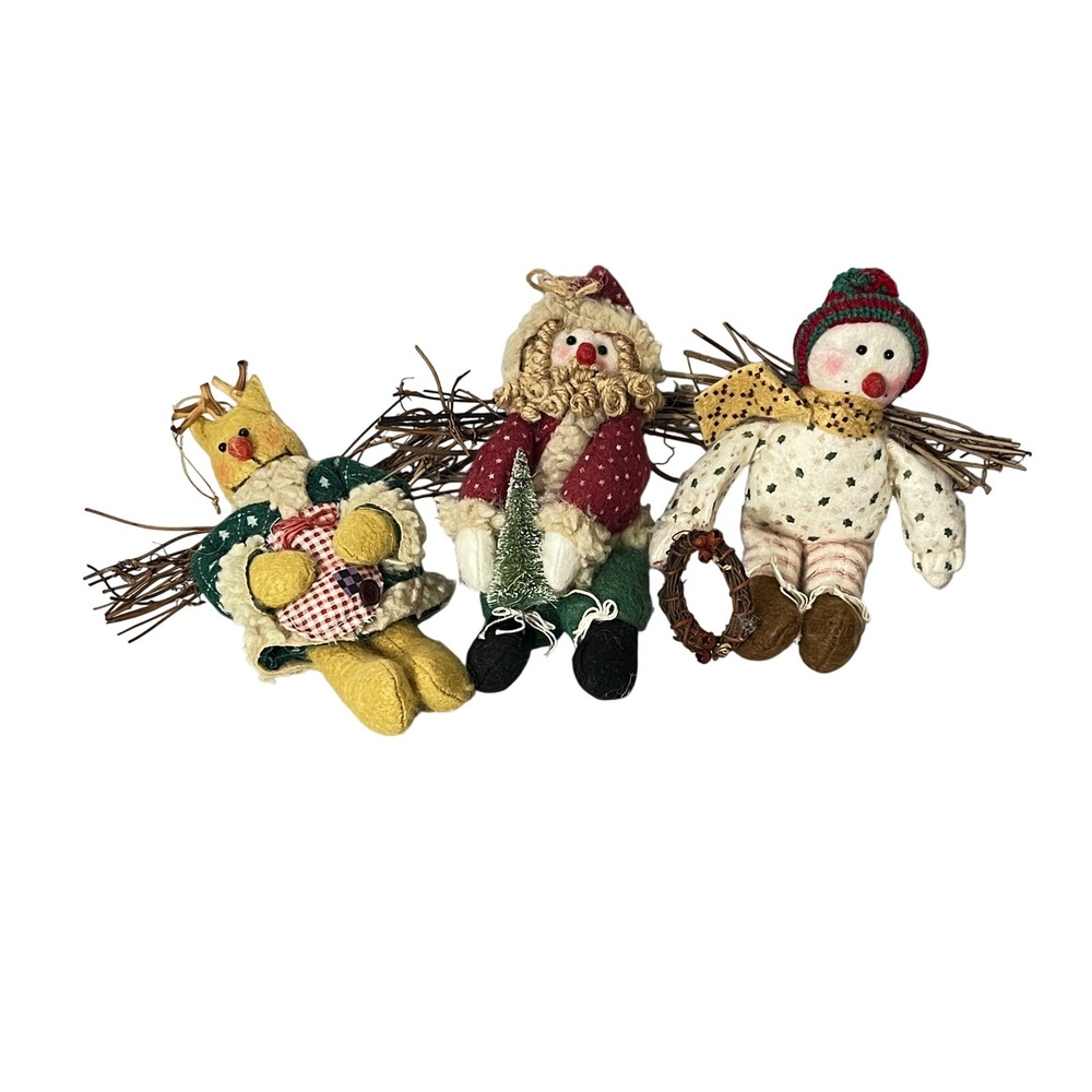 Vintage Christmas Ornaments Multicolor Primitive Plush Trio Twig Set